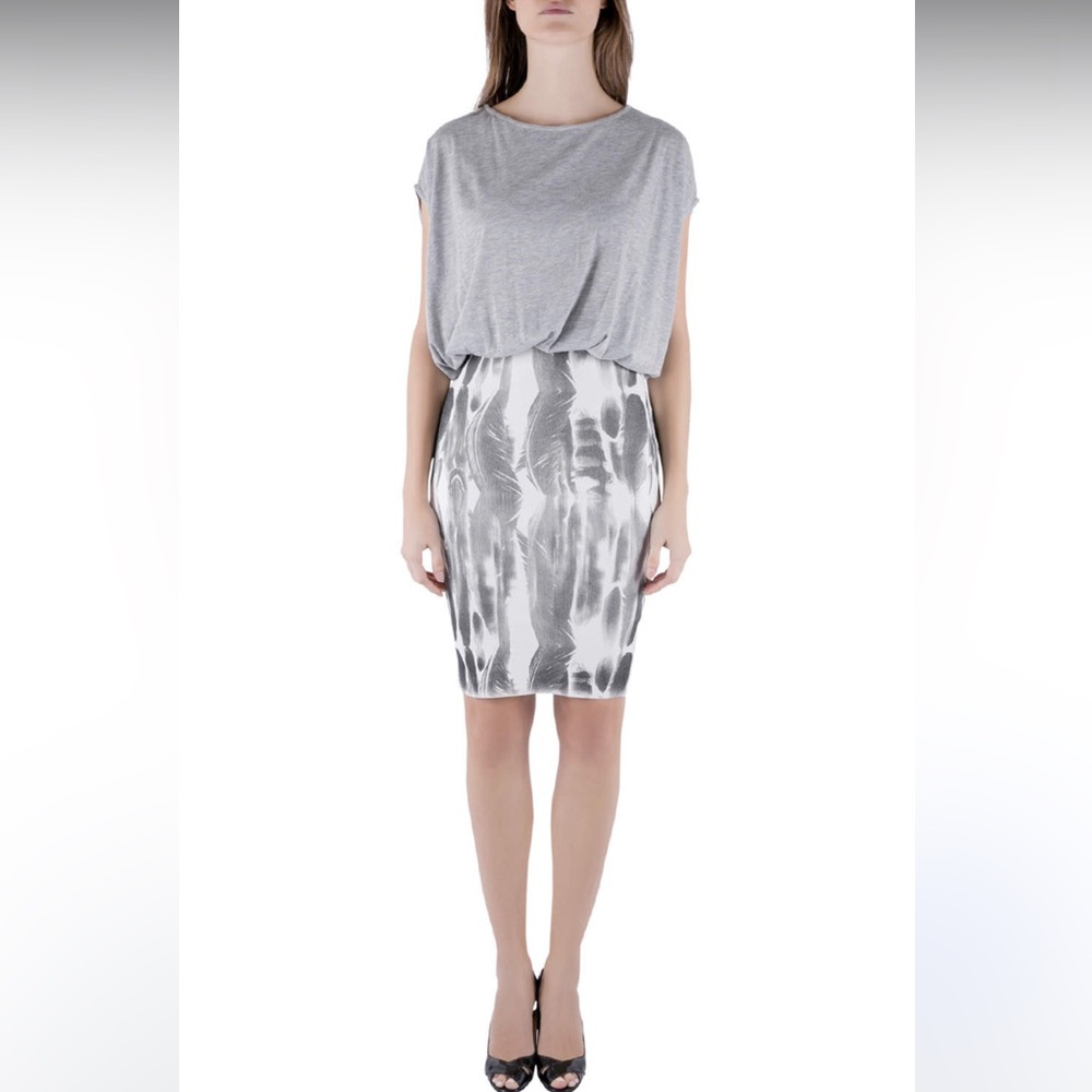 Faith Connexion Further Grey Jersey Blouson‎ Bodice Feather Print Pencil Dress